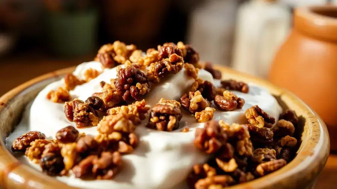 Iogurte grego com granola caseira e castanhas para um café saudável e leve