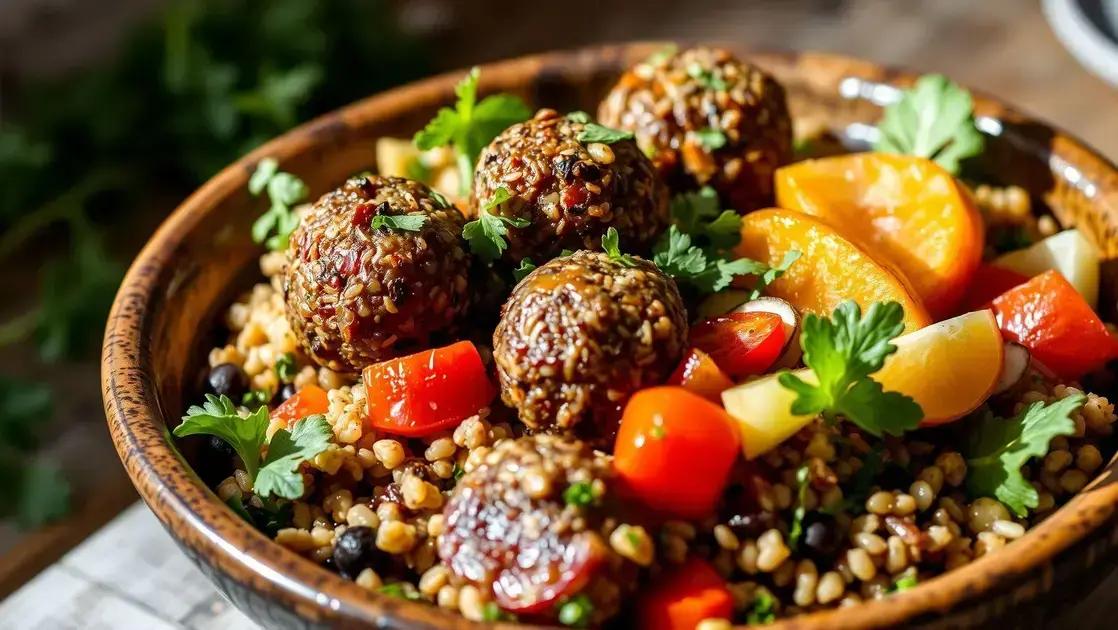 Salada quente de quinoa com almôndegas de aveia: sabor e saúde em uma única travessa