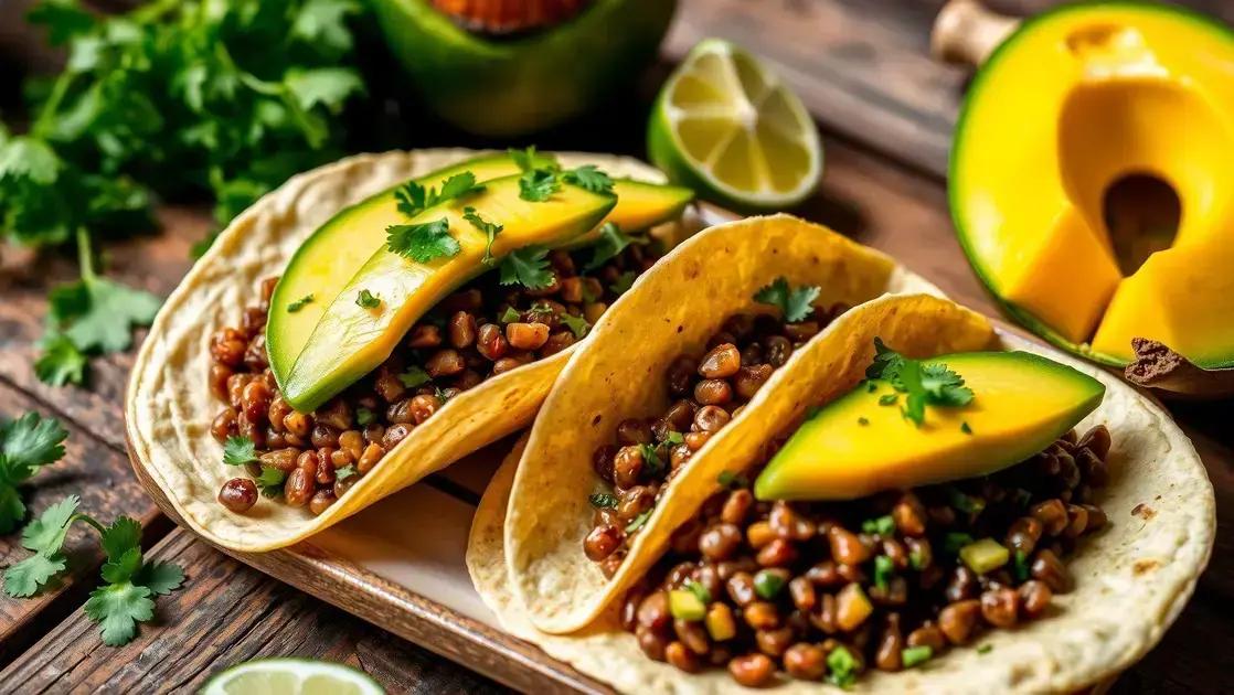 Tacos de lentilha com abacate e manga verde: sabor cítrico e refrescante, direto da horta