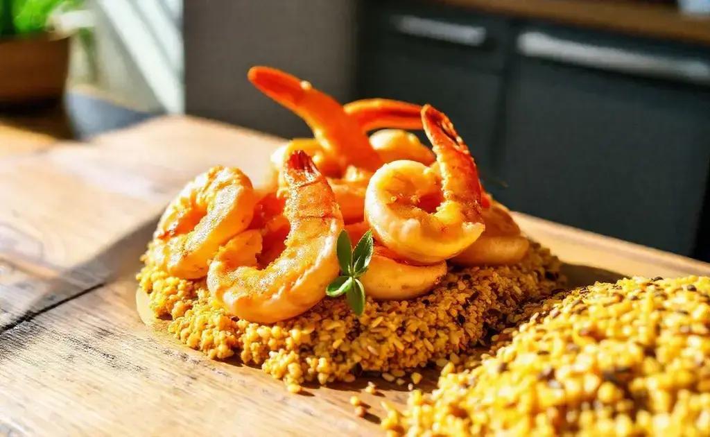 Camarão alho e óleo fit com farofa de sementes: proteína leve para encantar seu jantar