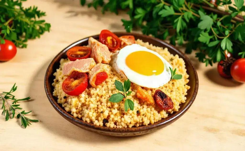 Cuscuz proteico com ovo, atum e tomate seco: café nutritivo sem farinha branca